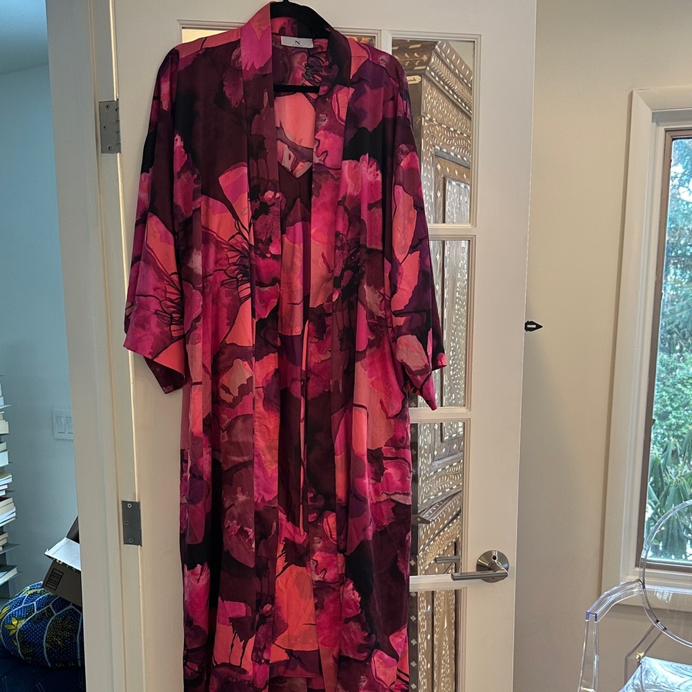 Vibrant Pink Floral Kimono Robe and Slip Nightgown Set
